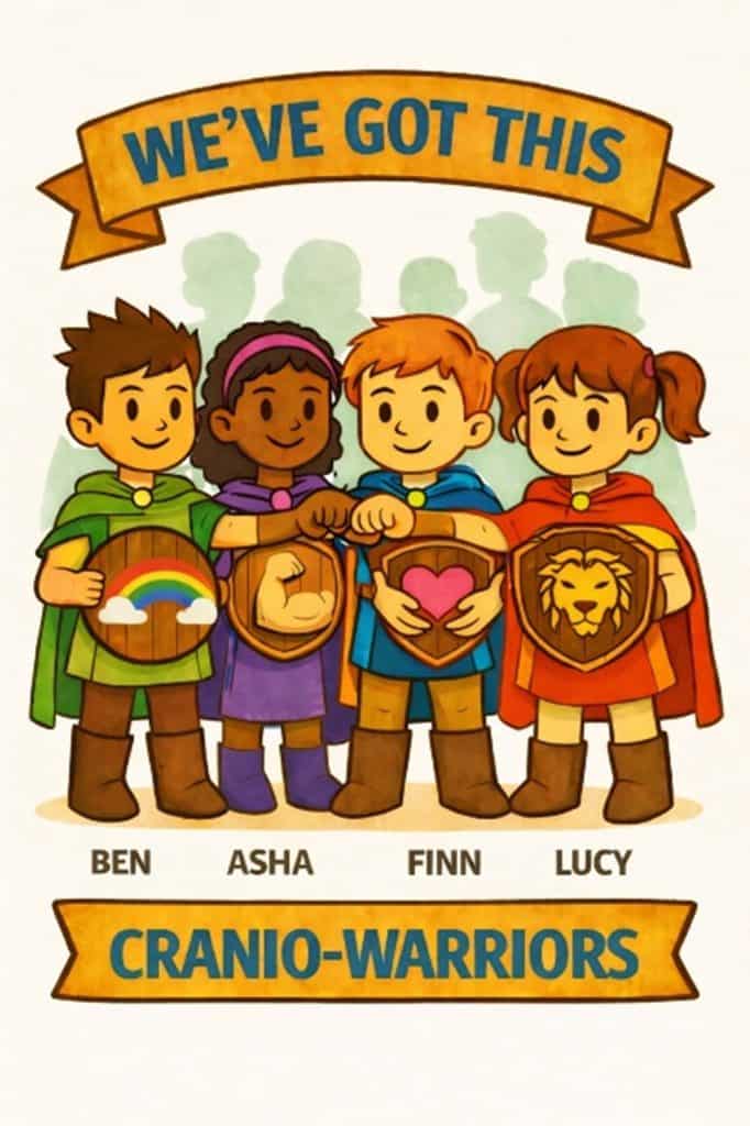 We’ve got this - Craniofacial warriors with children holding symbolic shields and hearts.
