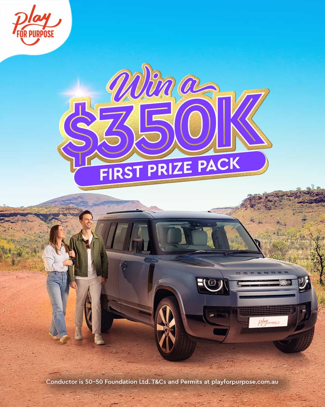 A lush outdoor scene with a Range Rover and two people, promoting a $350K prize giveaway.